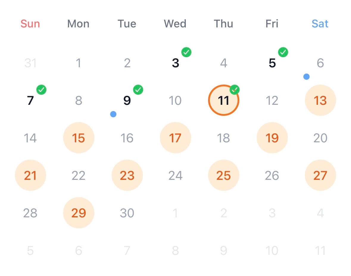 IsoLog calendar screen showing the June 2026 every-other-day dose schedule