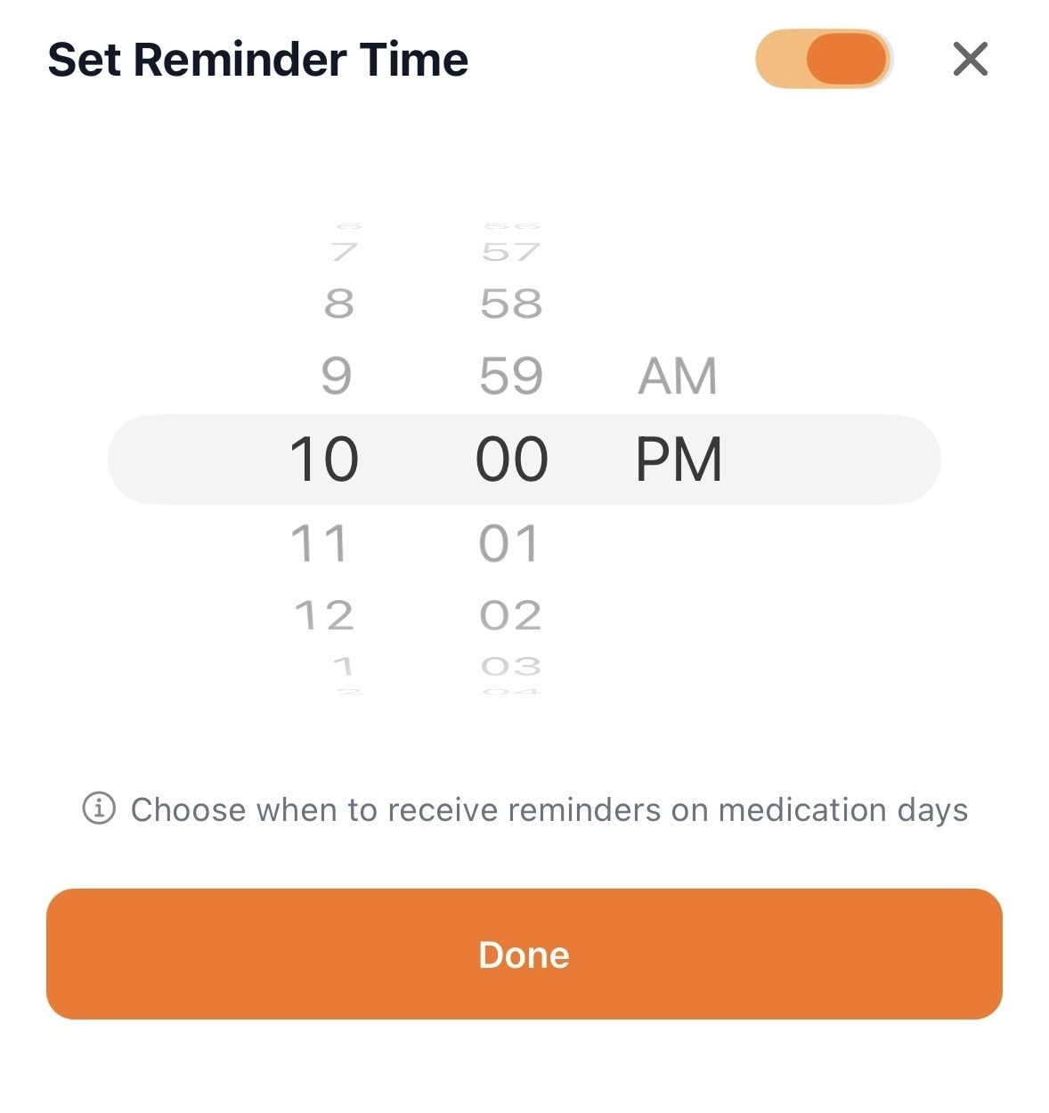 IsoLog reminder sheet set to send medication reminders at 10:00 PM