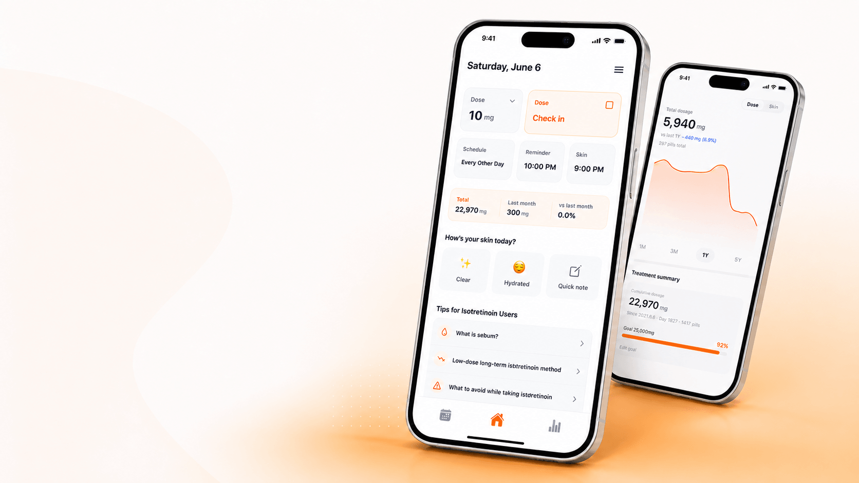 IsoLog app screens showing dose check-in, reminders, and cumulative dose tracking